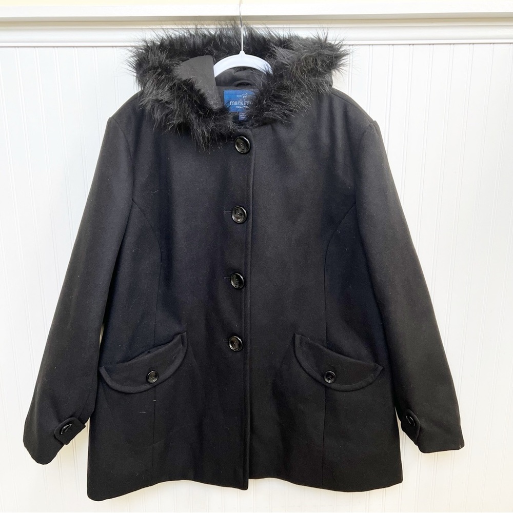 Mackintosh Black Faux Fur Trim Hood Button Front Coat Women’s Plus Size 3X